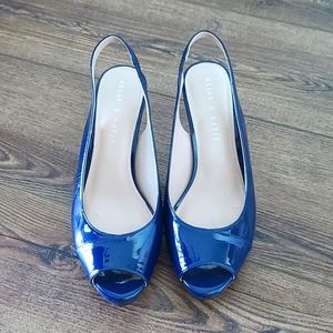 Navy Blue Patent leather peep toe heels